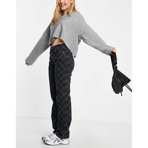 Mango Jeans Womens 8 Straight Leg Check Checkered Denim Black Gray - Picture 1 of 12